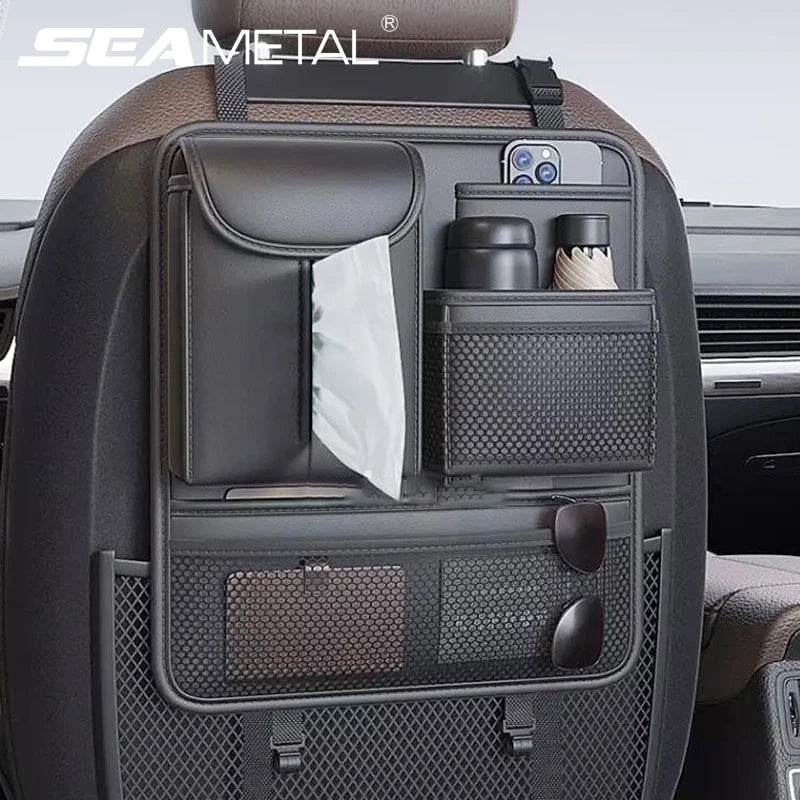 Car Seat Back Organizer Rear Row Storage Bag with Elastic Band  Leather Multi Pocket Anti Kick Pad Seat Protector