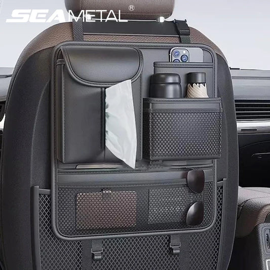 Car Seat Back Organizer Rear Row Storage Bag with Elastic Band  Leather Multi Pocket Anti Kick Pad Seat Protector