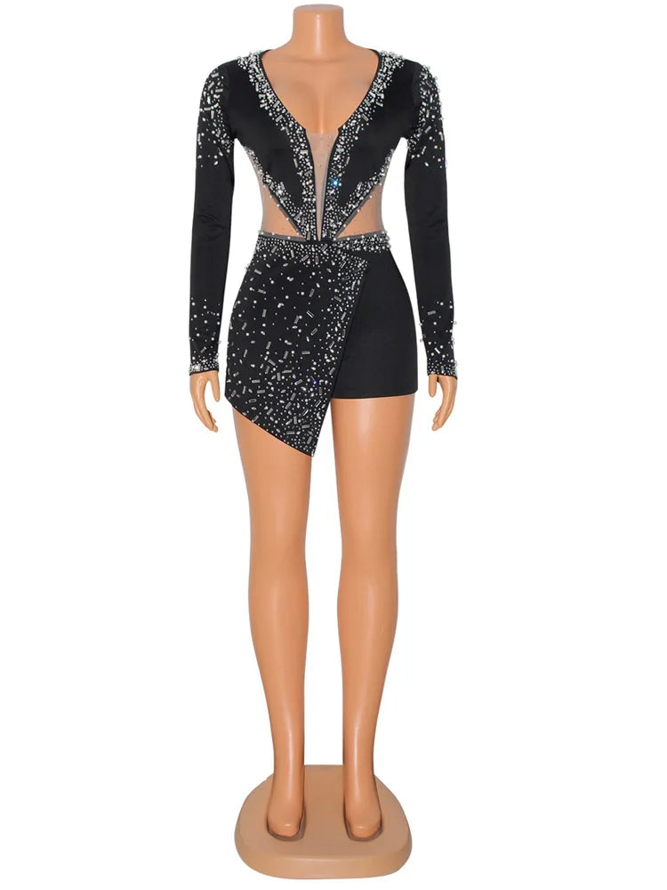 Low-Price Sales are Limited NEW Italian Luxury Women Sexy Black/Red/Blue Rompers V-Neck Mesh Rhinestones Diamonds Collar Skinny Long Sleeve Playsuits Evening Party Night Club Outfit Girls Ladies Luxury Fashion Clothing Suppli
