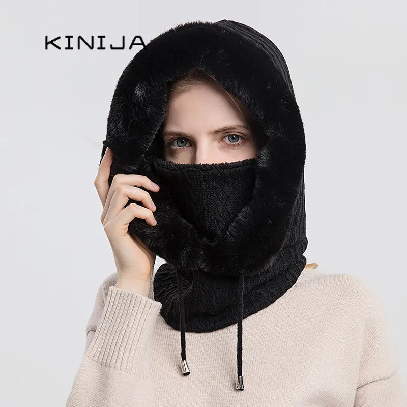 Winter Fur Cap Mask Set Hooded for Women Knitted Cashmere Neck Warm Balaclava Ski Windproof Hat Thick Plush Fluffy Beanies hood