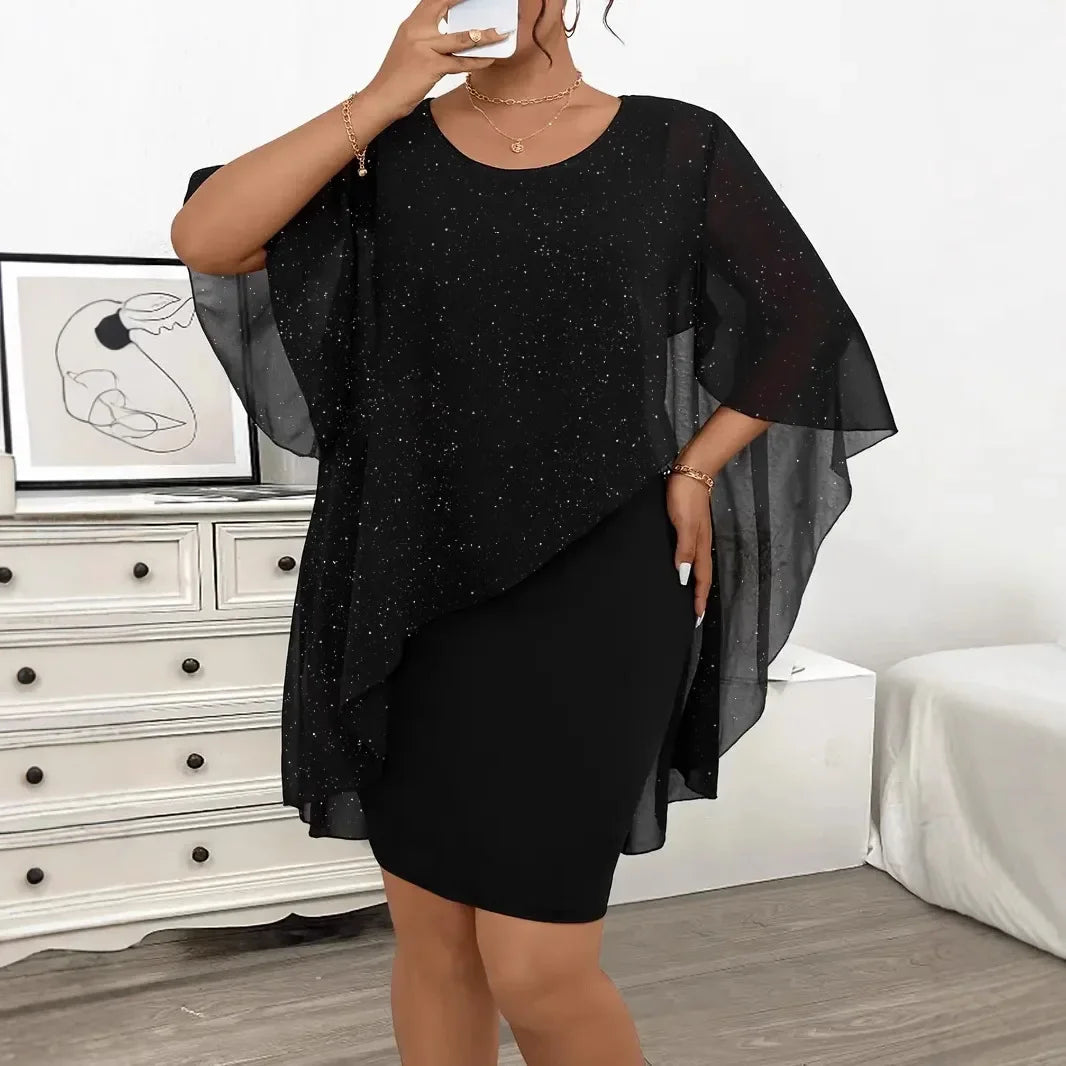 NEW Arrivals XL-4XL Plus Size Silver Heat Transfer Asymmetrical Chiffon Shoulder Wrap Black Dress Curvy Women's Fashion Cross-Border Large Code Formal Evening Dress