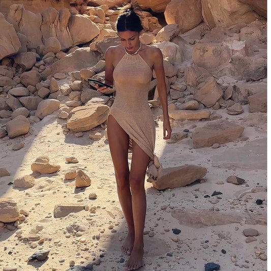 NEW Arrivals Only Large Size Female Girls  Knitted Cover Up Beach Sexy See Through Maxi Slit Bodycon Summer Dress Bikini Swimwear Swimsuit  Cover-Ups  Elegant Halter Beach Dress Women Ladies Sexy Summer Fashion Apparel Produc