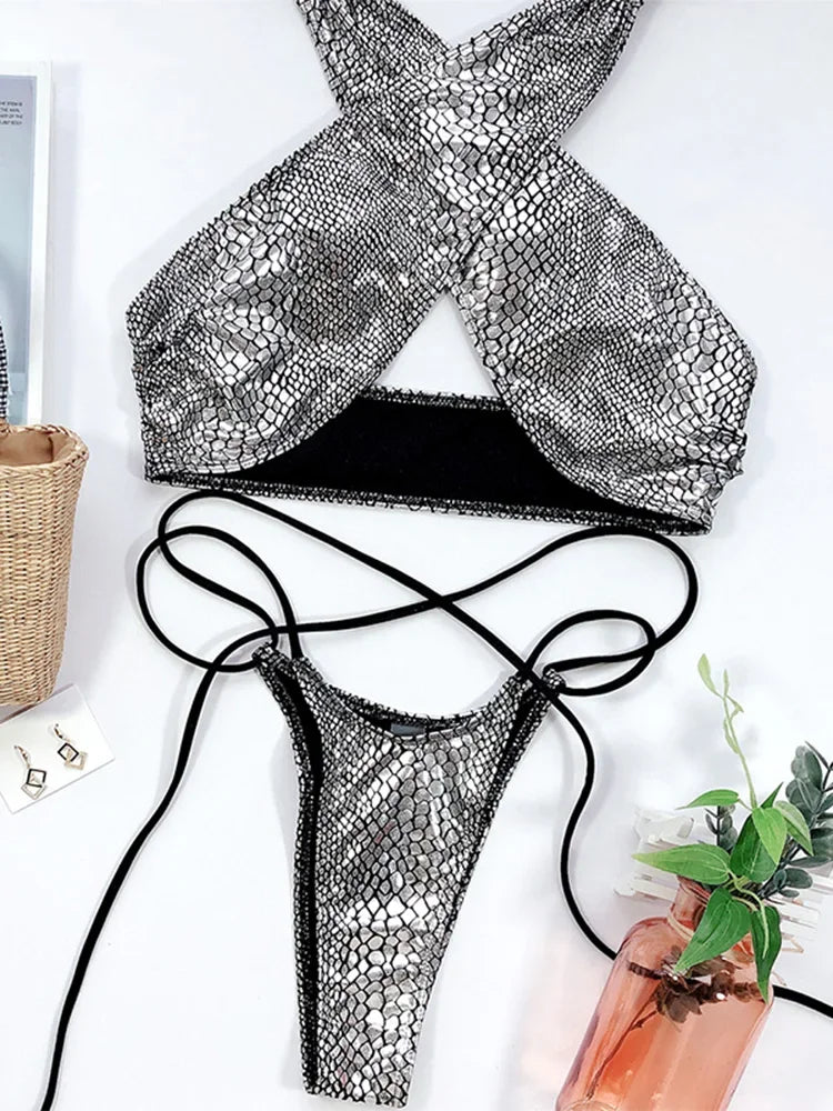 NEW Arrivals 2PCS Set UK Size Silver/Pink/Golden Snake Skin Sexy Mini Micro Thong Bikini Women Swimwear Female Swimsuit Bikini Set Halter Wrap Around Bathing Sexy Girls Suit Swim Beach Wear