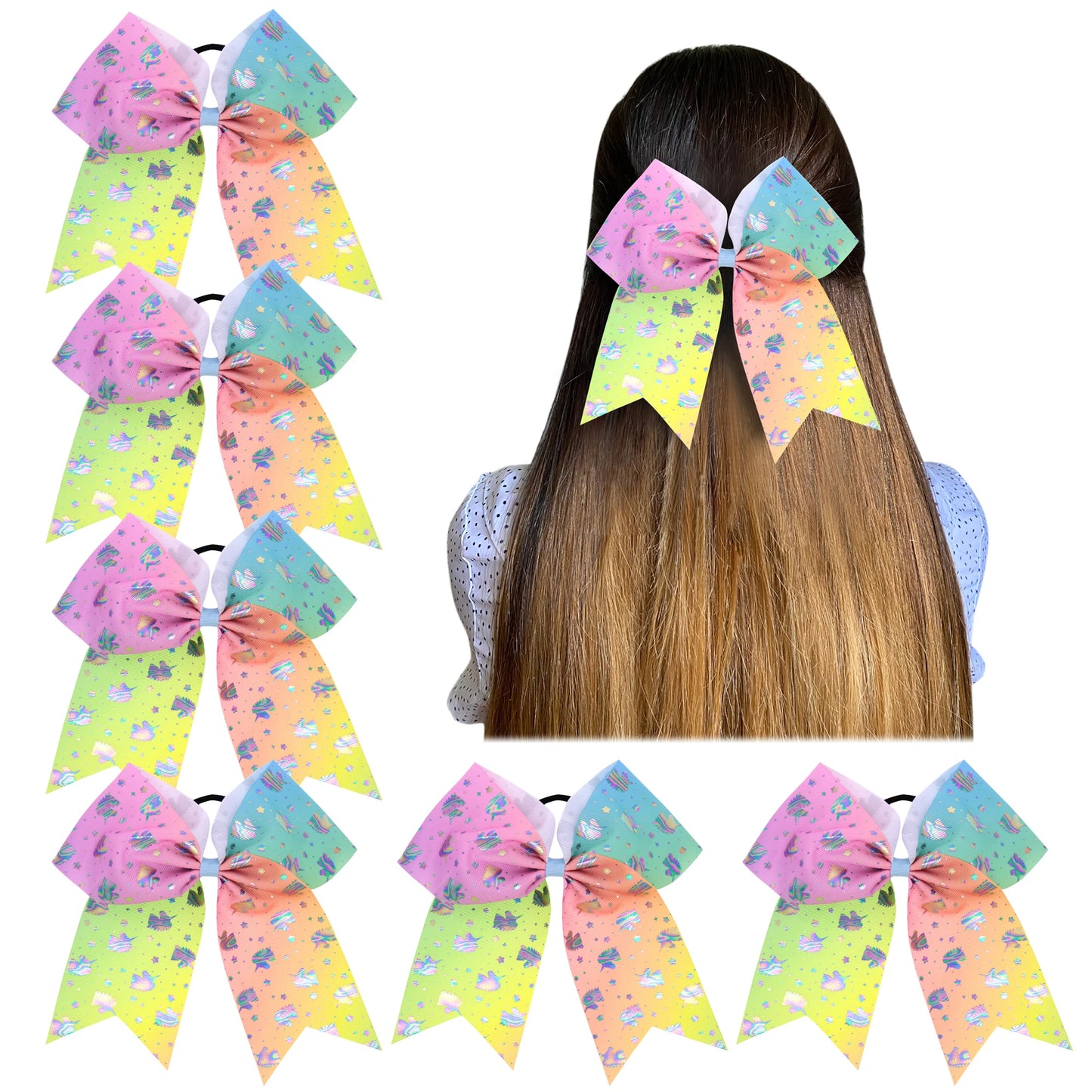 6 Pcs 8"Elastic Cheer Bow Hair bows Boutique Rainbow Grosgrain Ribbon Pigtail Holder For School Girls Teens Cheerleader