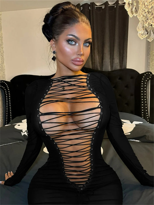 NEW Sexy Hollow Shirring Luxury Dress Women Hipster Full Sleeve Coquette Midnight Party Clubwear Stretch Skinny Mini Bodycon Evening Party Outfit Girls Ladies Sexy Fashion Clothing Supplies