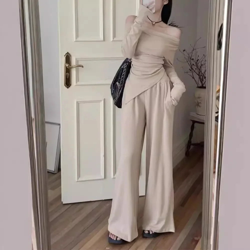 NEW Arrivals 2PCS Set M-2XL Black/Apricot/Gray Color Off-Shoulder Long Sleeve Elegant Suit Slimming Top And Smoothing Bottoms Women's Autumn Bell Pants High-End Feel