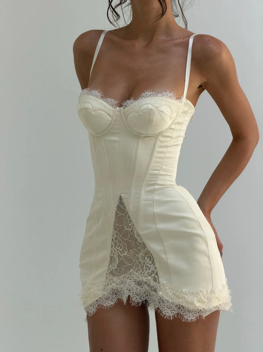 NEW Slimming Belted Front and Back See Through Lace Halter Sexy Dress French Style Sexy Short Figure-Hugging Summer Evening Bach Party Night Clubwear Prom Mini Dress Satin Fishbone