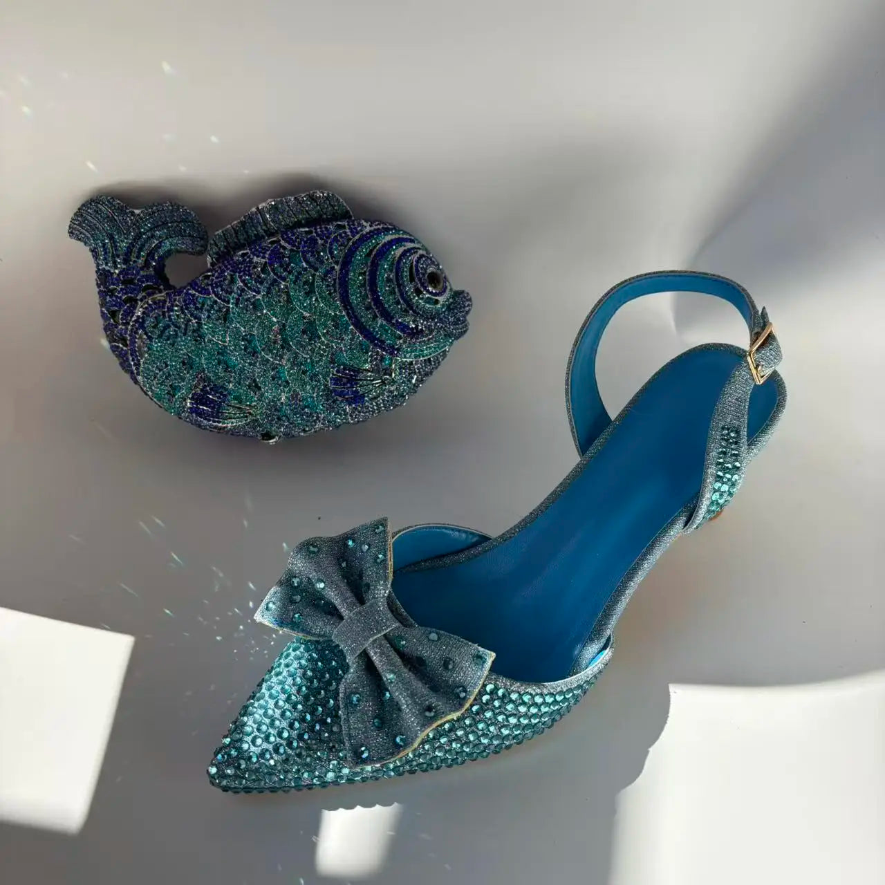 Newest Lake Blue Pumps Women Thin Heels with Bag Set Rhinestones Leather Sandals Evening Wedding Party Women's Shoes for Bridal