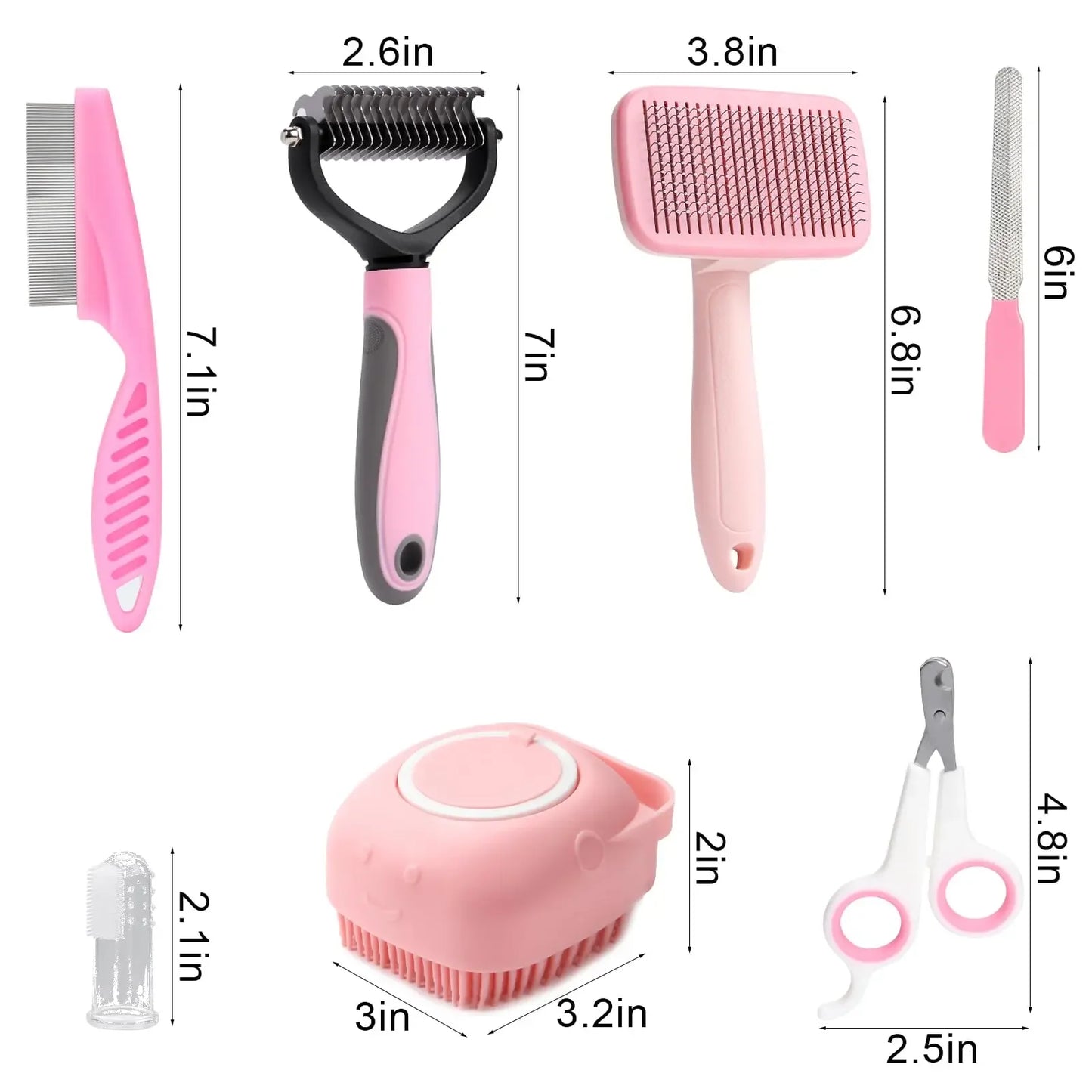 Self-Cleaning Grooming Set with Pet Nail Clippers and Files, Flea Comb, Shampoo Bath Brush, 8 Pcs