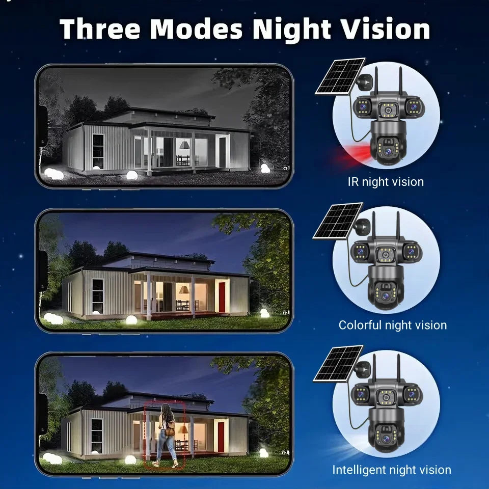 NEW V380 PRO 3 Lens IP Solar Camera HD 15 MP Outdoor Waterproof CCTV Night Vision Two-Way Audio Camera Mobile Tracking 4G IP Camera Home Office Factory Security Systems