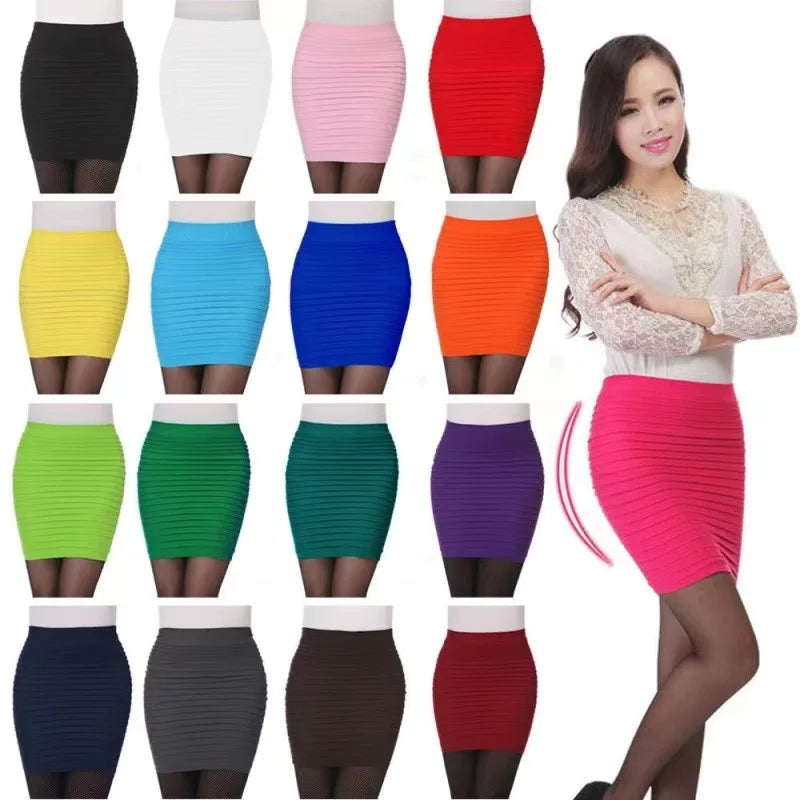 15 Colors Summer Women High Waist Skirt Solid Color Elastic Pleated Skirt For Office Lady Draped Slim Mini Skirt Sexy Lady Pencil Skirts