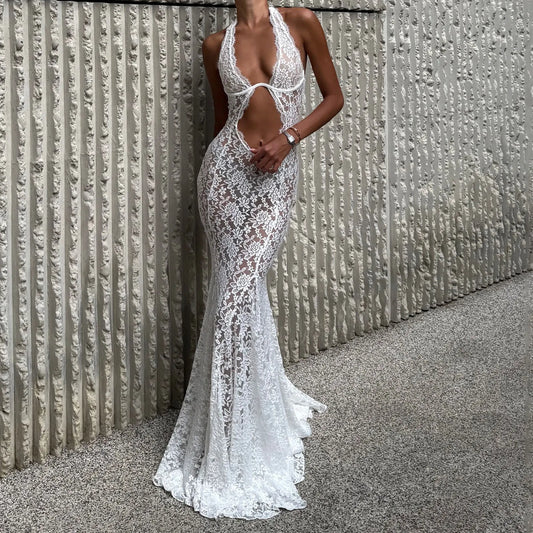 NEW Women's Handmade Sexy Lace Hollow Sexy Halter Dress Stylish Solid Mesh Lace Floral See Through Slim Fit Long Bodycon Fishtail Dress