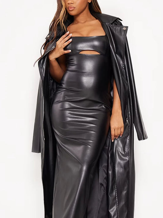 New S-3XL Plus Size Luxury High Quality Women Elegant Matte Leather Maxi Dress Evening Night Clubwear Party Vintage Stretch PU Slim Tank Dress Front Hollow Out Long Dress Hem Split Female Ladies Luxury Fashion Clothing Suppli