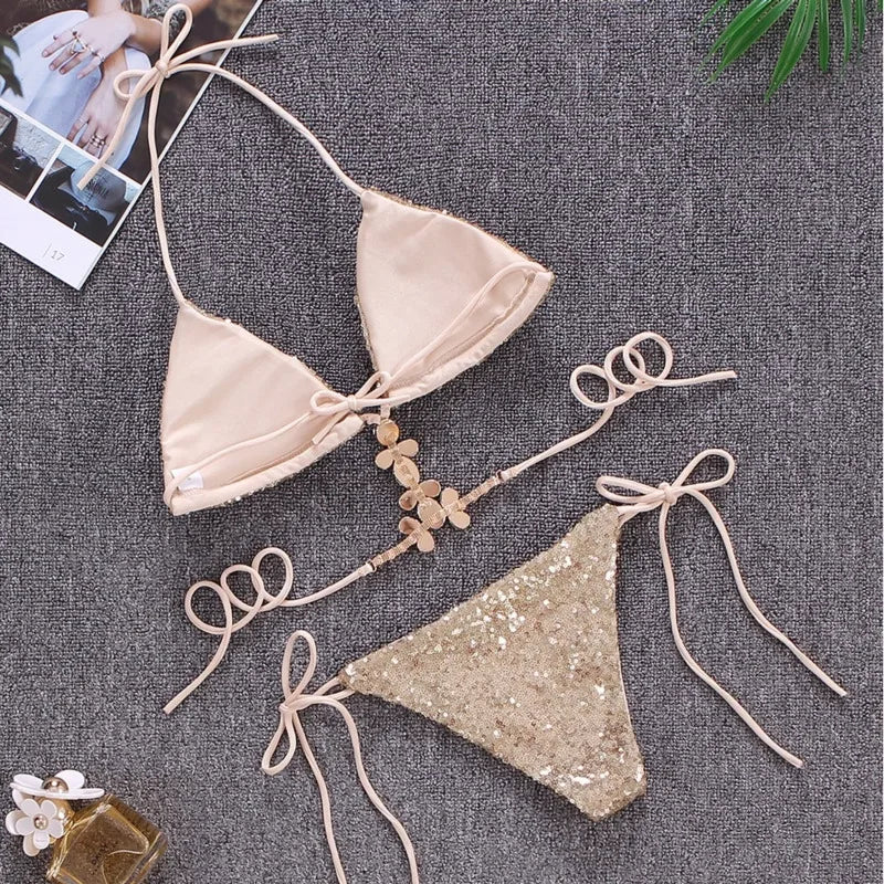 NEW Arrivals Shiny Sexy Bikinis Pink/Blue Color Swimsuit With Rhinestones Women Luxury Swimwear Female Push Up Bikini Beach Swim Wear Bathing Suits Swimming Pool Luxury Bikini