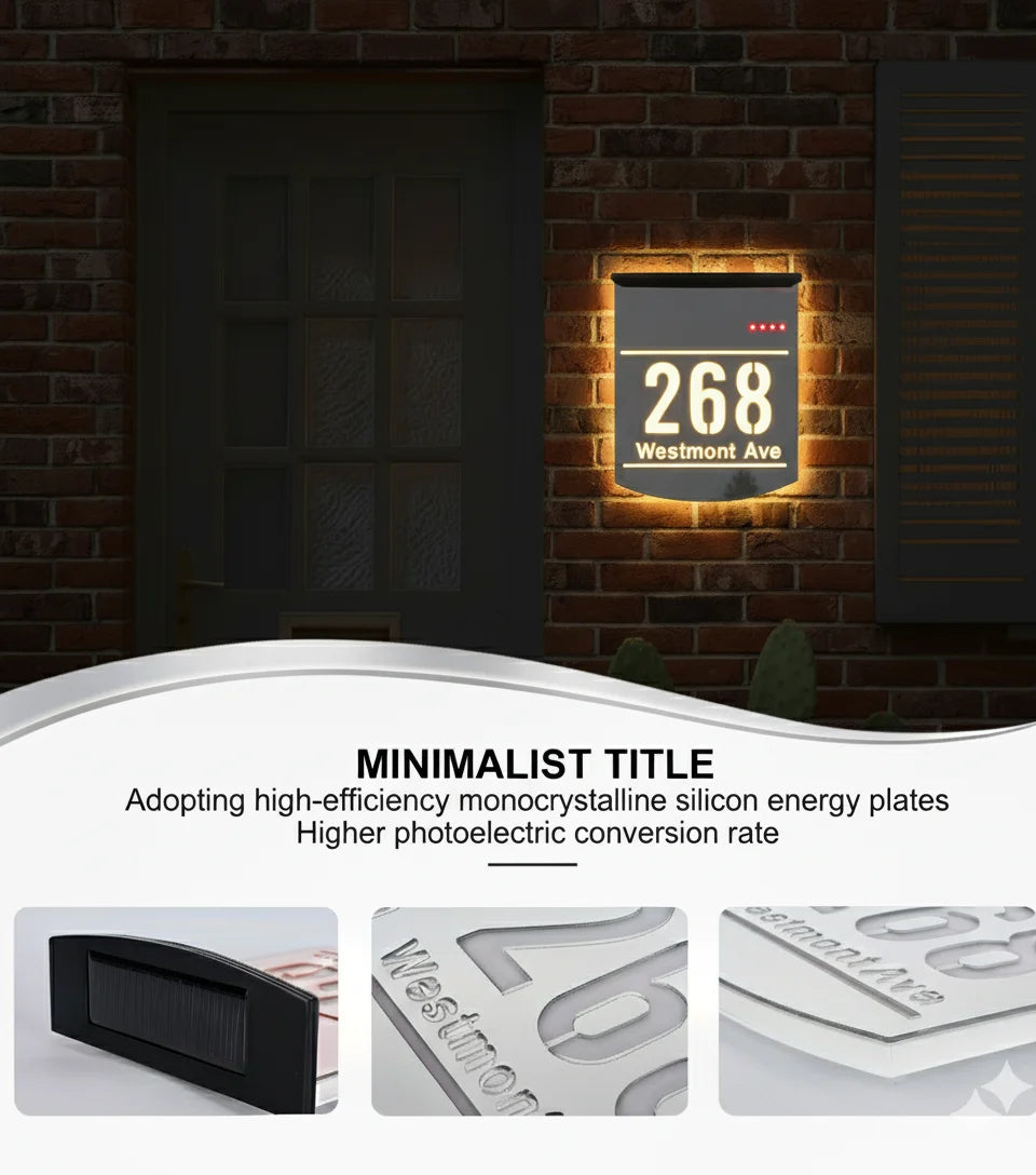 Customized Outdoor Solar House Sign LED Illuminated 3D Laser Cut Acrylic House Numbers Personalized Exterior Family Address Sign Home Lighting Accessories