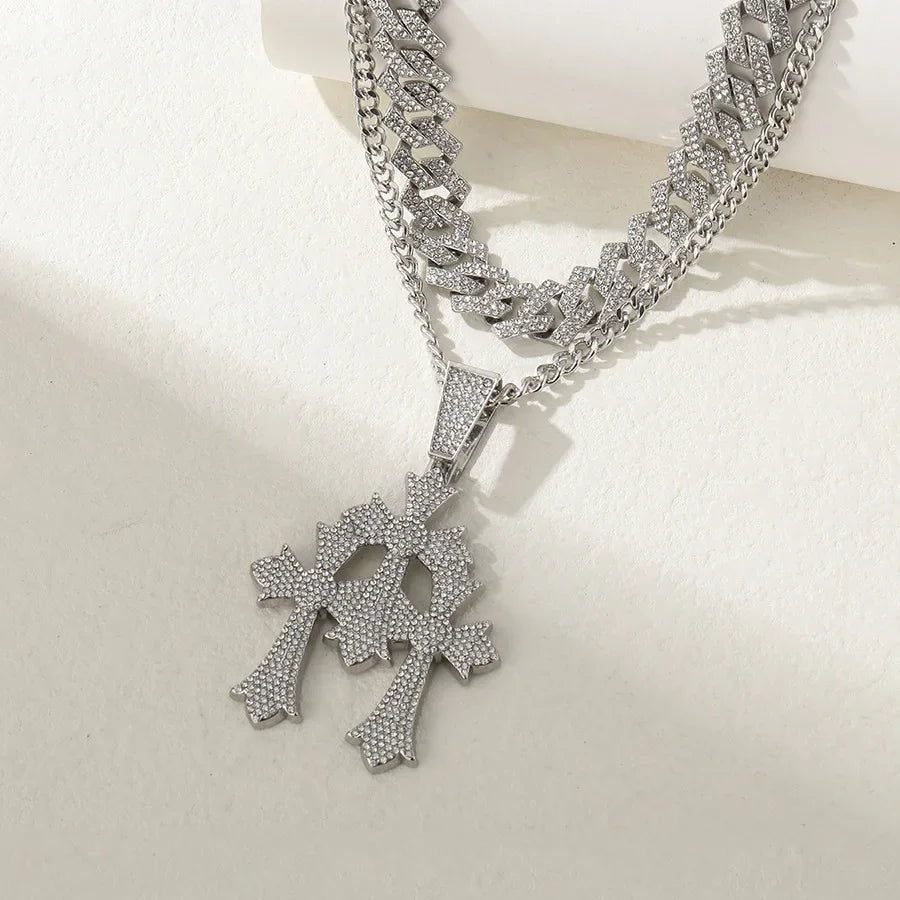 Three Crosses Classic Retro Mosaic Pendant Cuban Chain Trendy Hip Hop Pendant Necklace Women and Men Jewelry Accessories