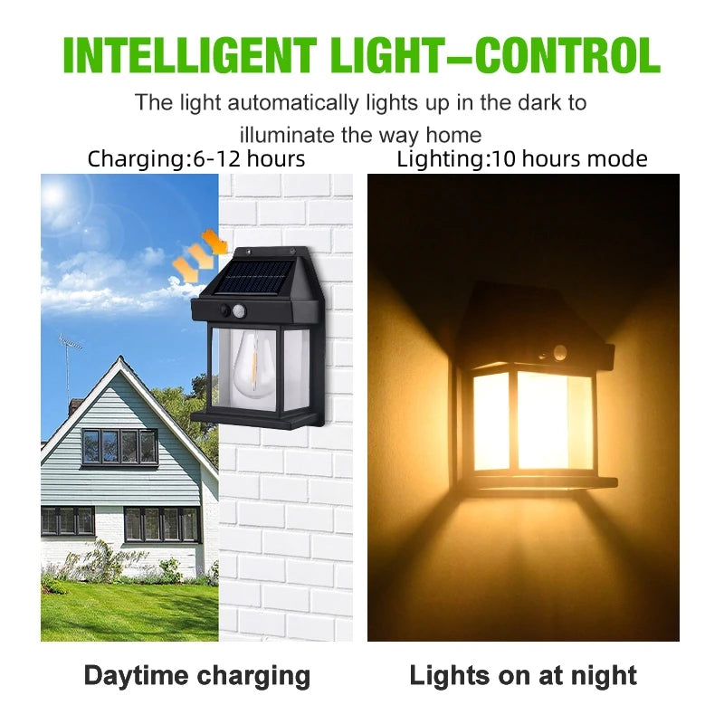 4 PCS Set Home Outdoor Solar Tungsten Wall Lamp Human Body Induction Dimmable Lithium Battery IP65 Waterproof LED Night Filament Light for Gardens Garage Courtyard