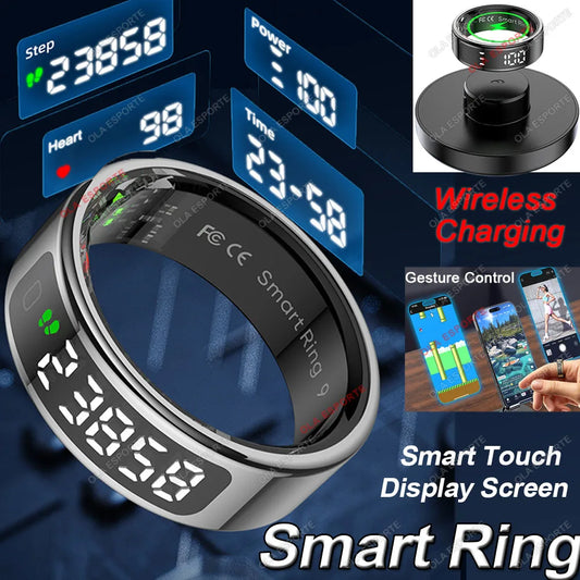 New Women Elderly Men Smart Ring with Wireless Charger Gesture Brush Tik-Tok Display Screen Health Monitoring IP68 5ATM Waterproof Rings Health Care Supplies