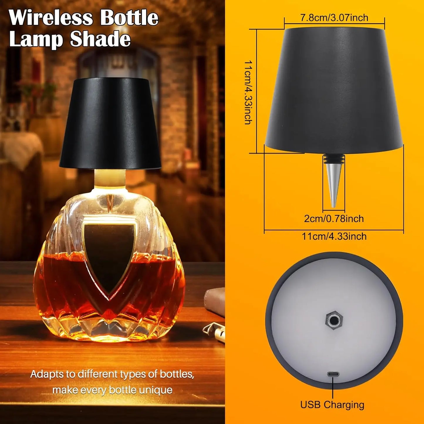 1 pcs Wireless Bottle Lamp, Metal Wine Bottle Light with 3 Color Light Dimming, Waterproof Bottle Touch Lamp Head for Room, Bar