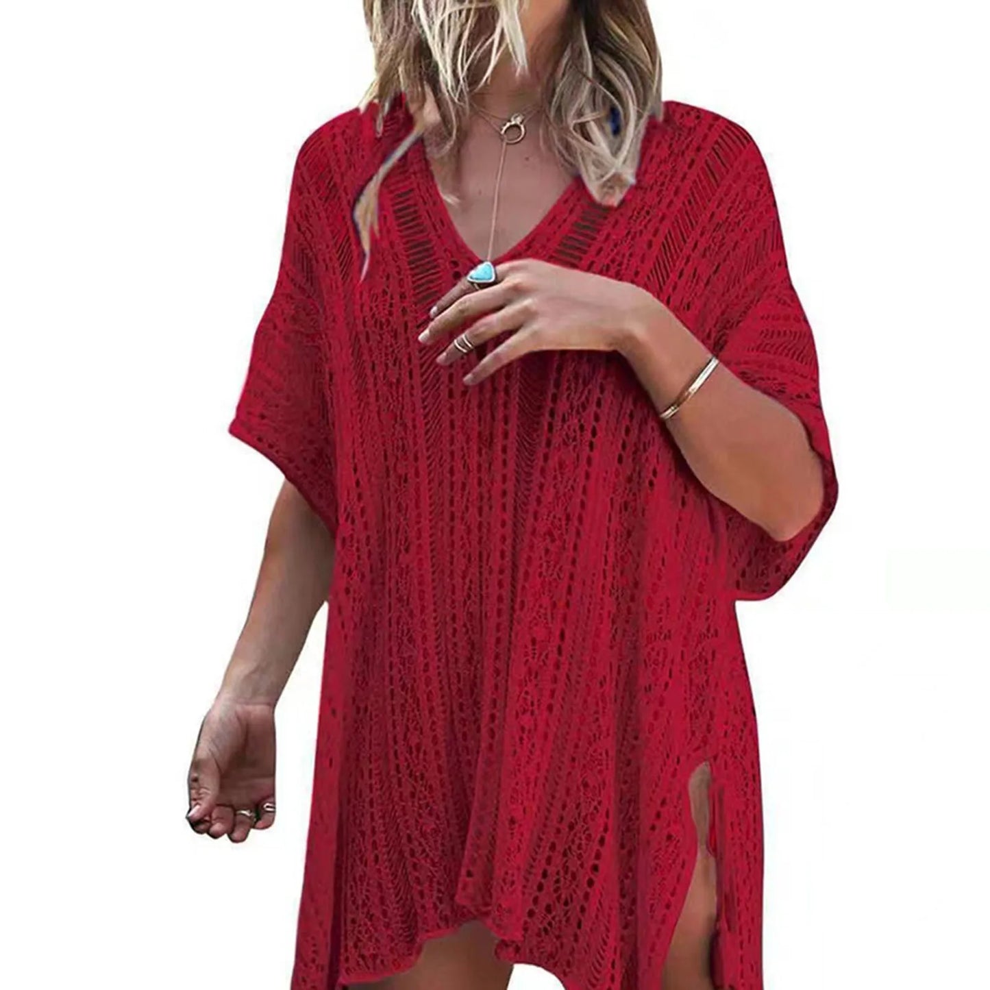 Women Sexy Hollow Out Fishnet Swimwear Cover Up Summer Crochet Bikini Swimsuit Bathing Suit Mini Dress Shirt Knit Tunic Blouses