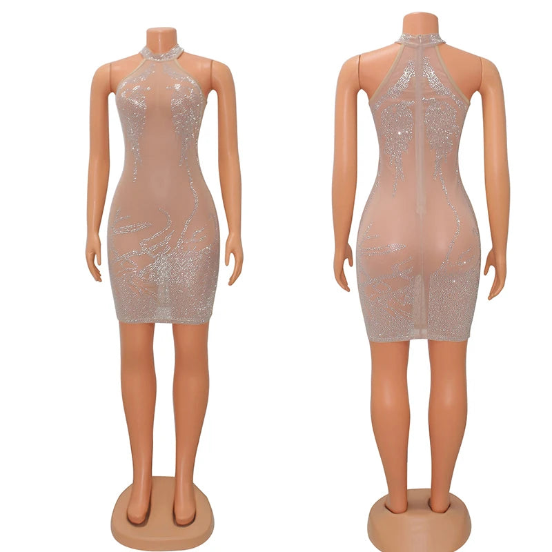 NEW Arrivals S-2XL Asian Size Black/Khaki Color Sexy Party Dress for Women Mesh Sheer See Through Party Club Night Mini Bodycon Dress Luxury Rhinestones Sparkly Birthday Dress