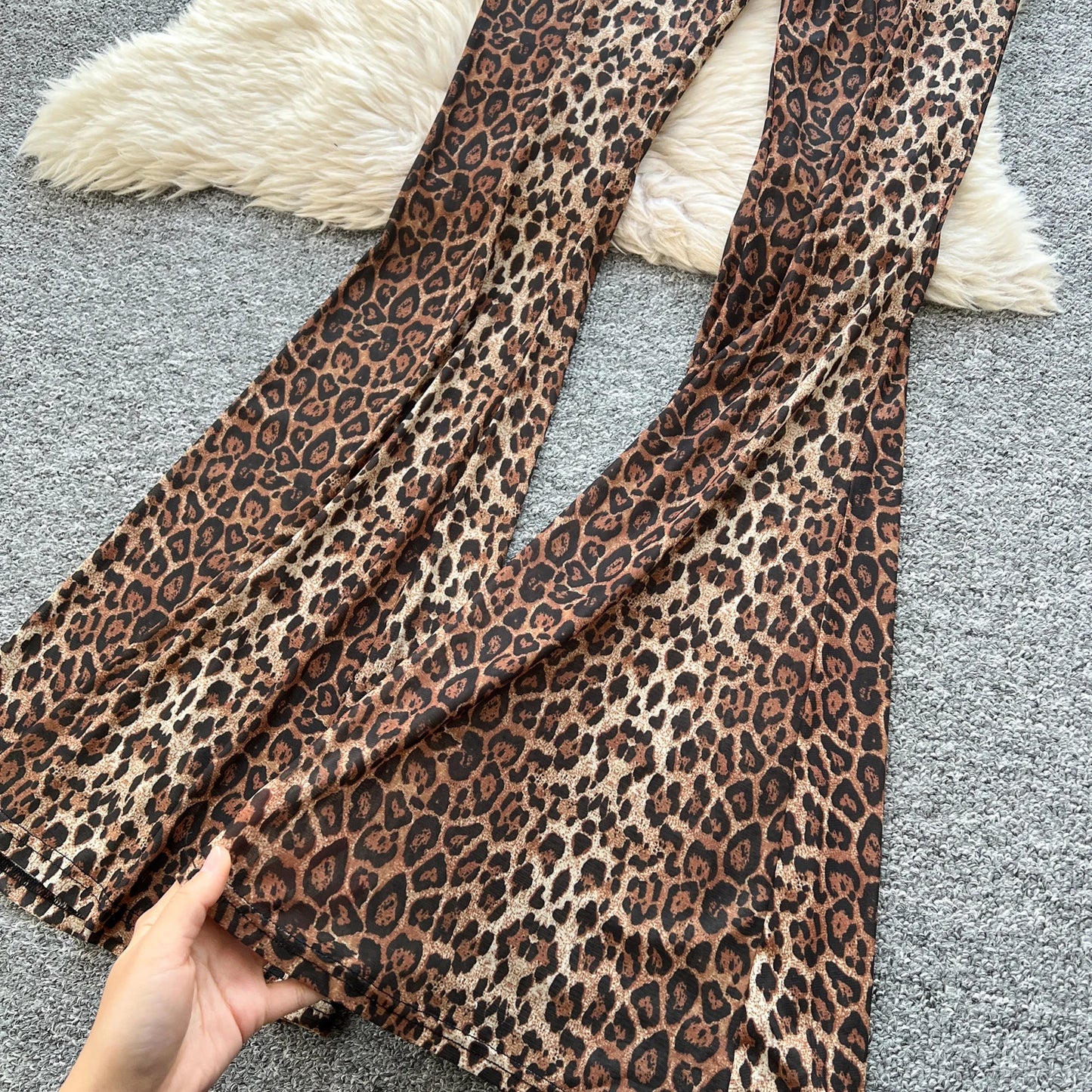 Newest Leopard 2PCS Suits UK Size Women Sexy Strap Tops +Elastic Waist Flared Pants American Ins Fashion Hot Sets