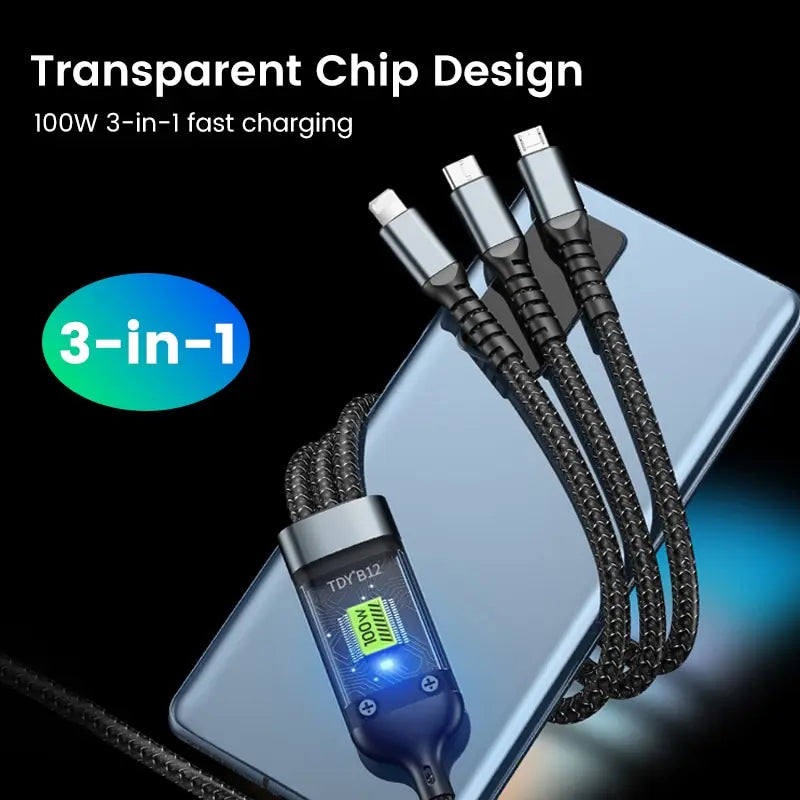 3 In 1 100w Transparent Fast Charging Cable Type C USB Micro For iPhone Samsung Huawei Xiaomi Pilot Lamp Charger USB C 6A