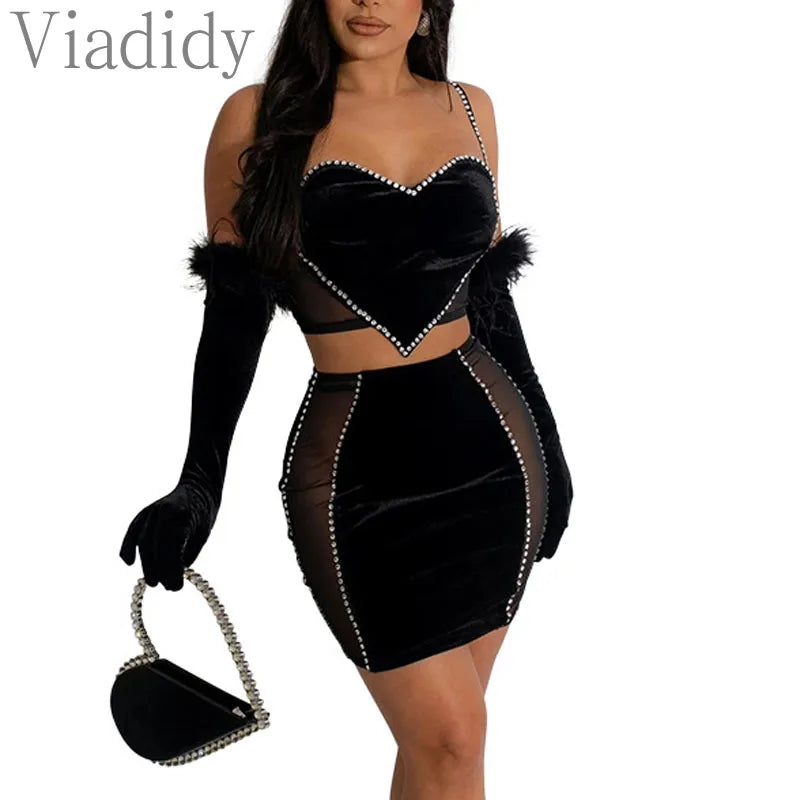 NEW Arrivals UK Big Size Black/Red  2PCS Set Luxury Velvet Women Sexy Solid Color Sheer Mesh Patchwork Velvet Top and High Waist Skirt Girls Ladies Sexy Fashion Clothing Products