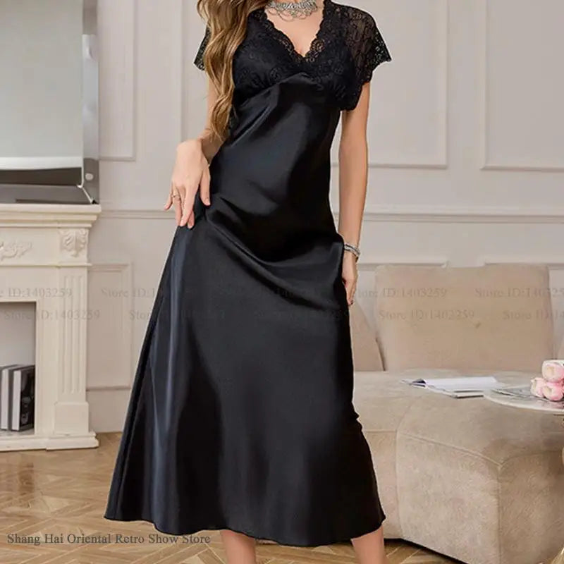NEW S-XL Black Elegant Long Satin Nightgown Home Clothing New Female Sleepwear Nighty Sexy Perspective Lace Nightdress Satin Loungewear Lingerie