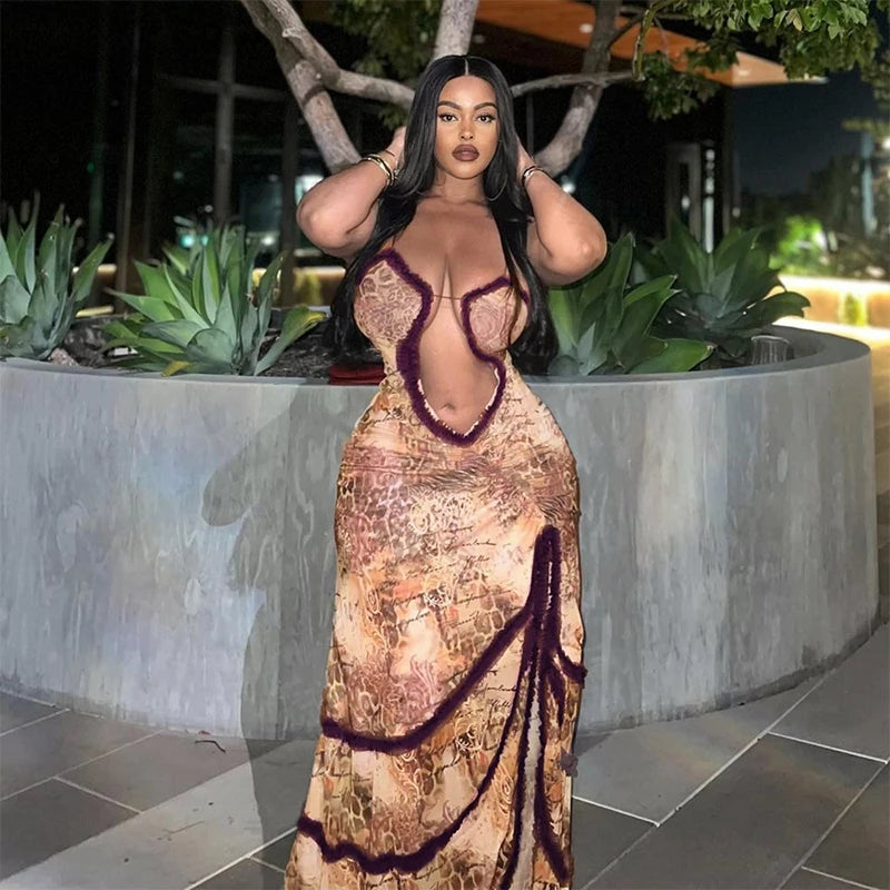 Women Noble Furry Halter Sleeveless Hollow Dress Camisole Shrunk Split Wave Cut Dress Luxury Prom Occasion Evening Gown