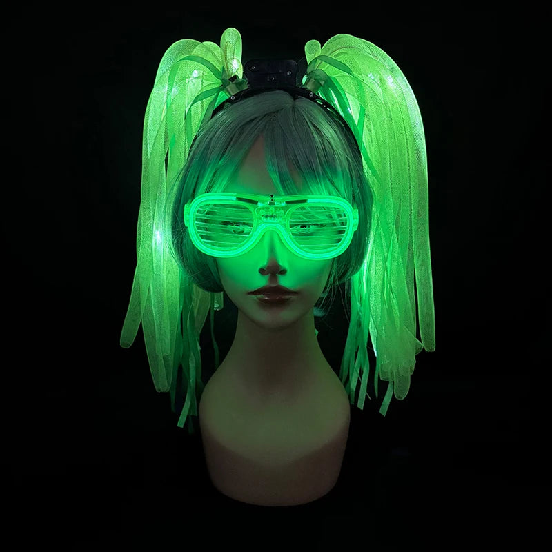 2 PCS Set Headbands + Glasses Rave Party  Luminous Flashing Noodles Headband Light Up Braid Headband Girl Women Bar Club Night Show Headwear Supplies