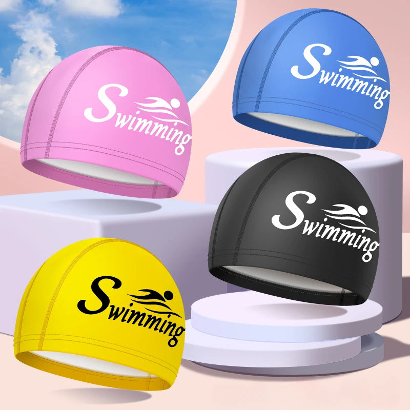 Swim Caps for Women Men Universal Large Size Long Hair Ear Protection Swimming Caps PU Waterproof Letter Printed Swimming Cap Bathing Accessories Sports Supplies