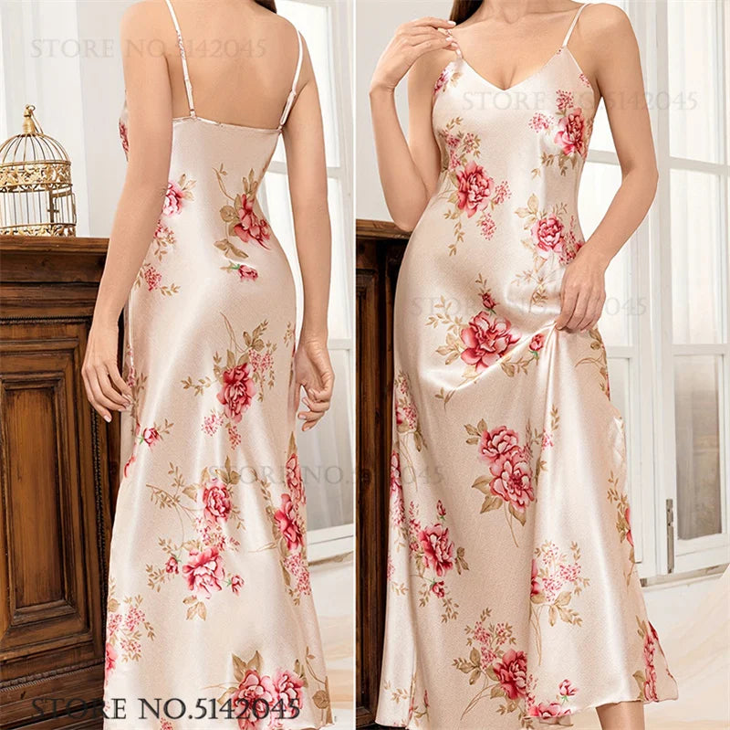 NEW S-XL 4 Colors Women Long Ice Silk, Rayon Nightgown Chemise Sleepwear Print Flower Suspender Nightdress Intimate Lingerie Summer Silk Satin Home Wear Loungewear