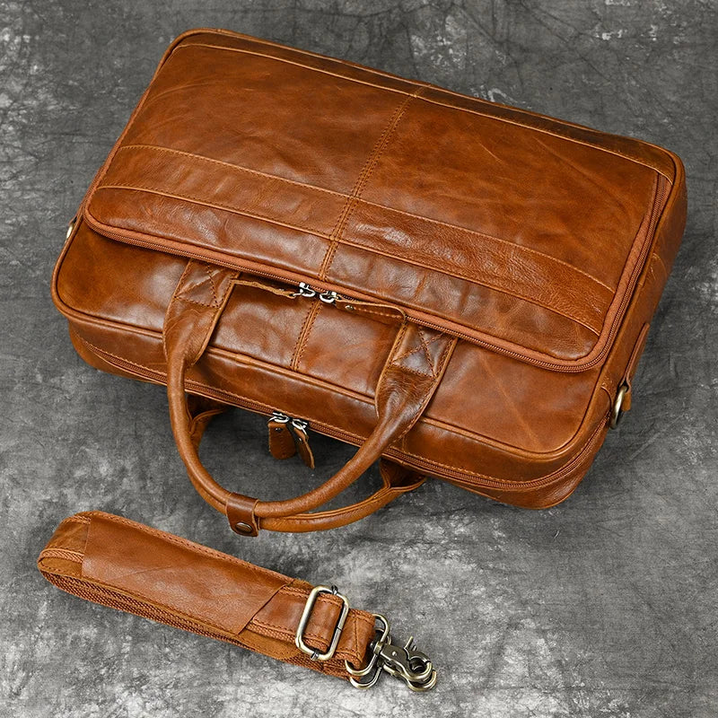 Cow Leather High Quality Men's Outdoor Travel Briefcase Big Genuine Leather Fit 16" Laptop Business Handbag Messenger Shoulder Bag Male Work Tote Red Document Organizer
