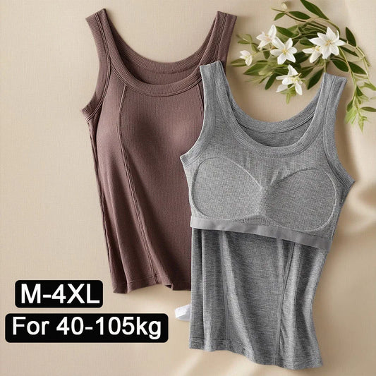 NEW Arrivals M-4XL For 45-105kg 4 Colors Threaded Cotton Plus Size Camisole Top with Built-in Bra For Women Modal Seamless Underwear Tank Tops Pads