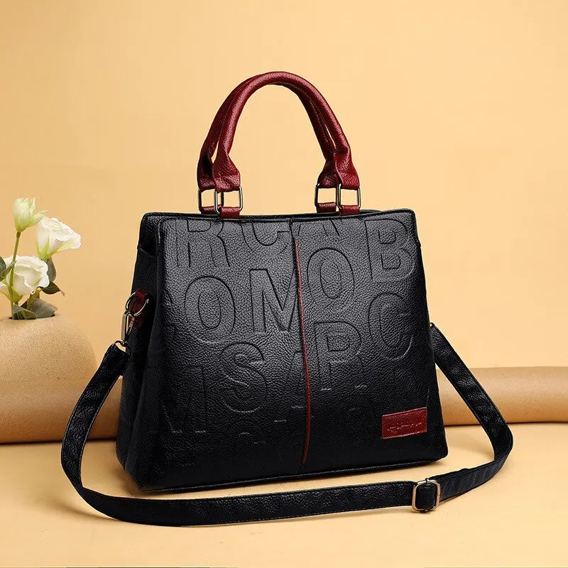 New Fashion Solid Color Shoulder Large Capacity Soft Leather Cloth Letter Embossed Ladies Handbag