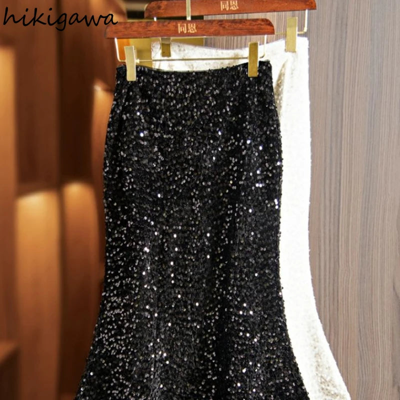 NEW Arrivals UK Size Black Glitter Sequined Bodycon Fishtail Skirt for Women High Waist Tunic  Fashion Y2K Evening Clubwear Party Formal Skirts Ladies Luxury Fashion Apparel Accessories Clothing Supplies