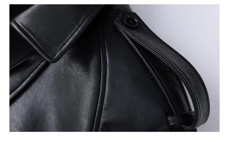 S-XL Size  Spring Autumn Extra Long Black PU Leather Trench Coat for Women with Back High Slit Luxury Chic European Fashion