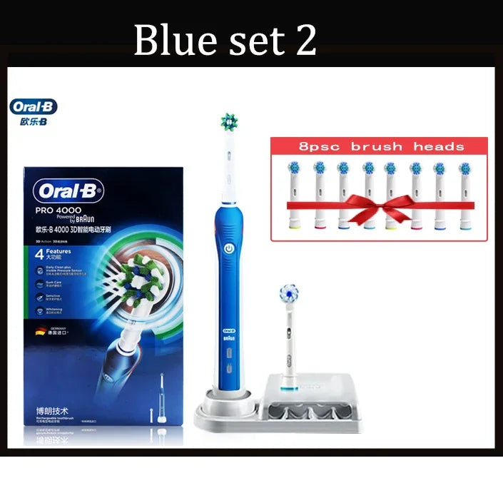 Original Oral B Pro 4000 Full Set Ultrasonic Toothbrush 3D Action Visible Pressure Monitor Electromagnetic Induction Charging Electric Toothbrush USA Origin