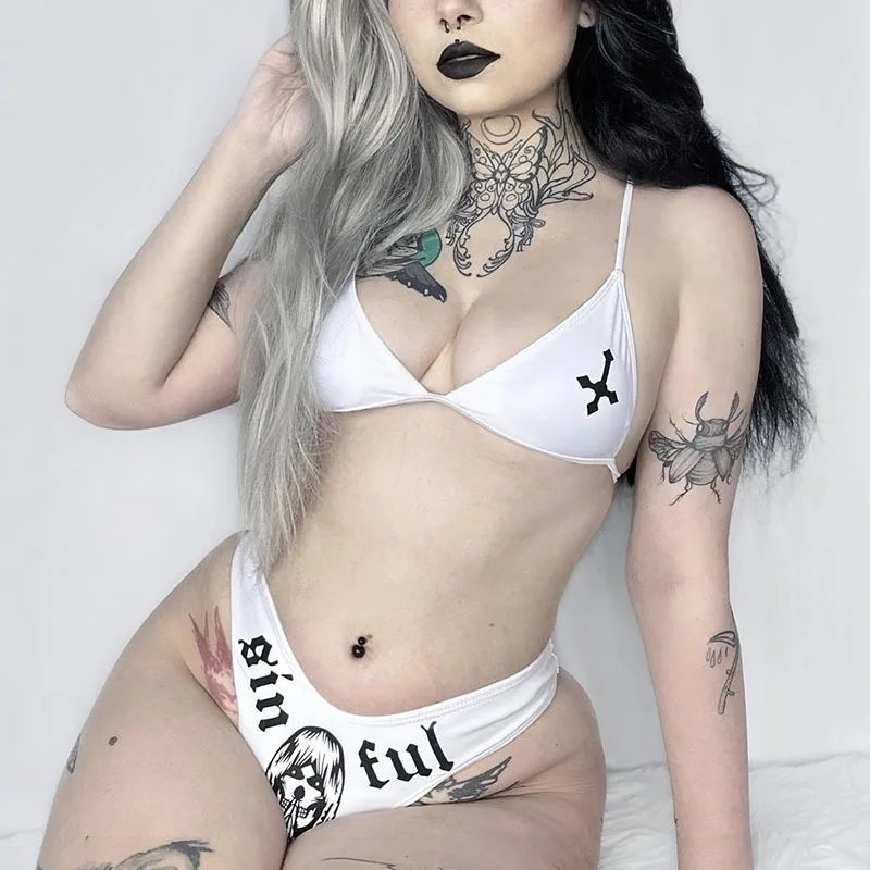 2 PCS Set S-XL Size Y2k Sexy High Waist Gothic Bikini Print Swimsuit Women Swimwear Push Up Set Brazilian Bathing Suit Summer Skull Wear Swimming Apparel Sets