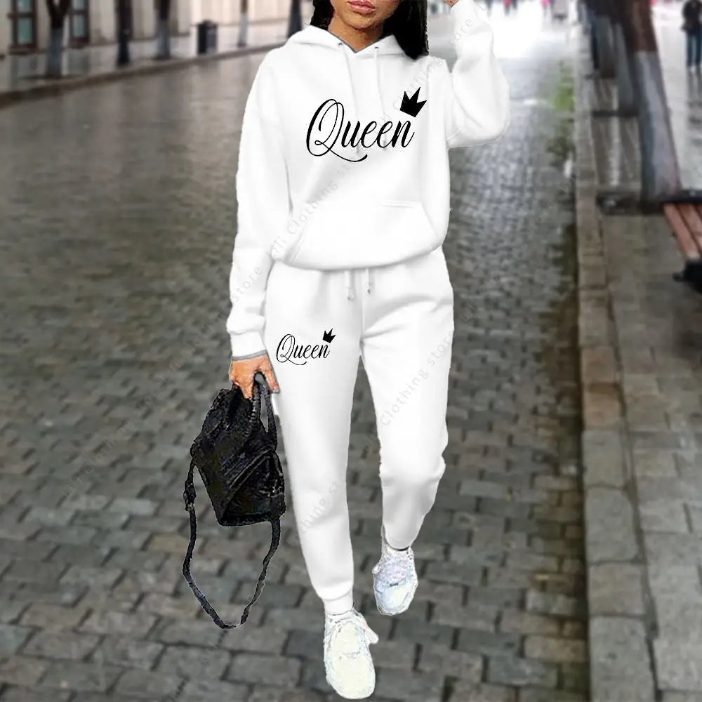 NEW 2PCS Set S-3XL UK Plus Size 10 Colors Queen Letter Graphic Women's Sets Hoodies Pants Suit Autumn Winter Sports Jogging High quality Aesthetic Tracksuit