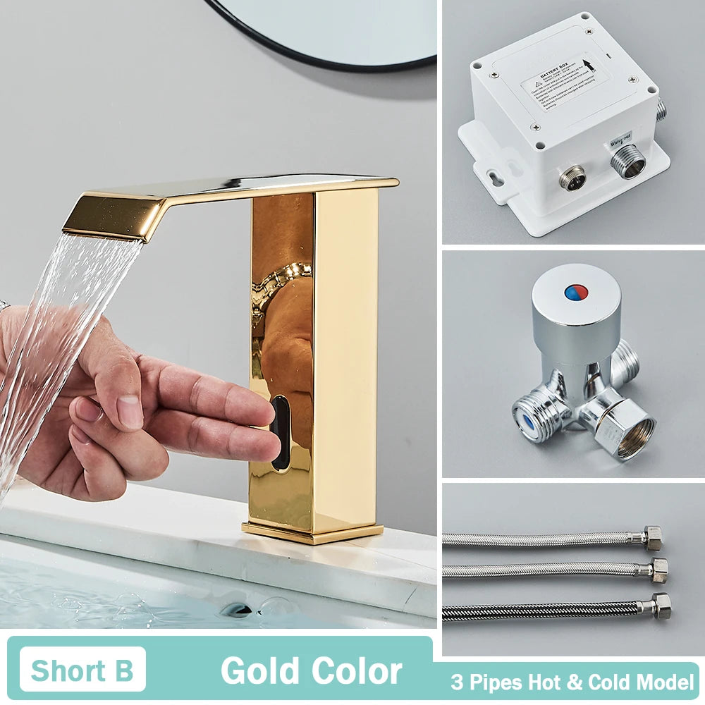 NEW Silver/Gold/ Black Color Luxury Smart Motion Sensor Bathroom Basin Faucet Touchless Automatic Sense Mixer Tap Waterfall Hot Cold Water Washbasin Crane Home Bathroom Accessories