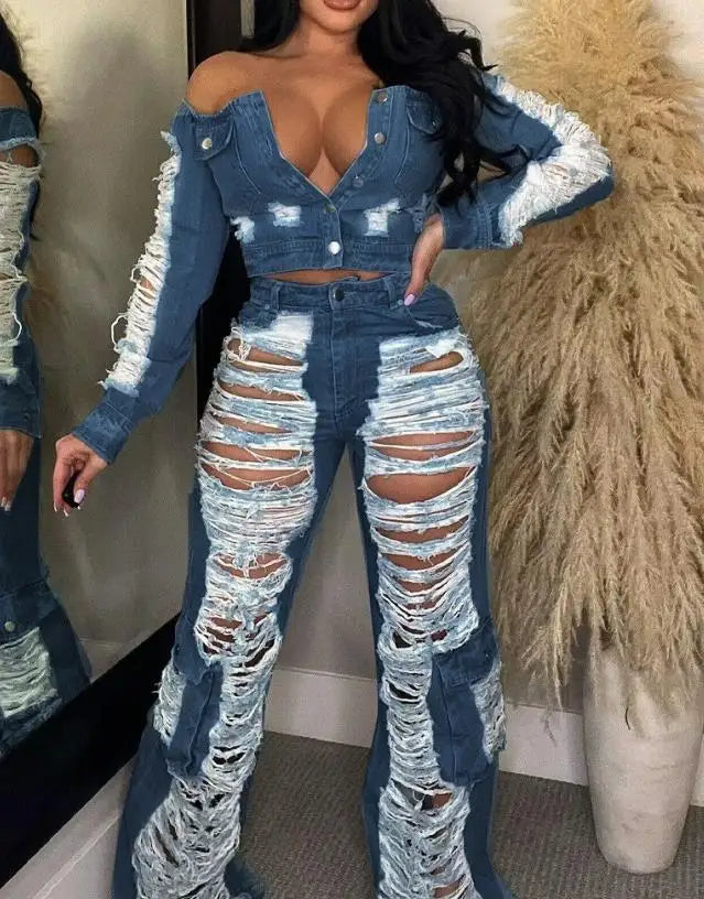 S-2XL Sexy Women Outfit High Waist Pocket Design Ripped Jeans Streetwear Pants Autumn Summer Spring New Fashion Girls Casual Fashion Clothing Supplies
