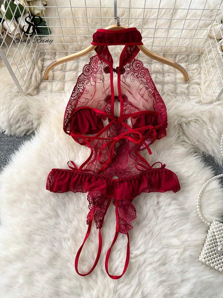 Sensual Lace Ruffles Porno Rompers Female Halter Hollow Out Slim Playsuits Women Open crotch Erotic Lingerie Bodysuits