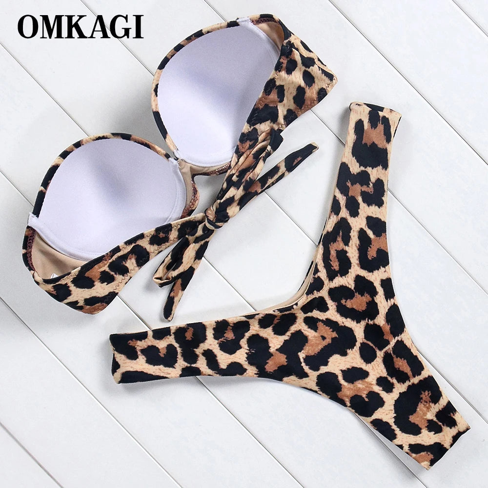 Bikini Set Bandeau High Cut Solid Bandeau Swimsuit Women Swimwear Sexy Push Up Bathing Suit Beachwear Leopard Bikini