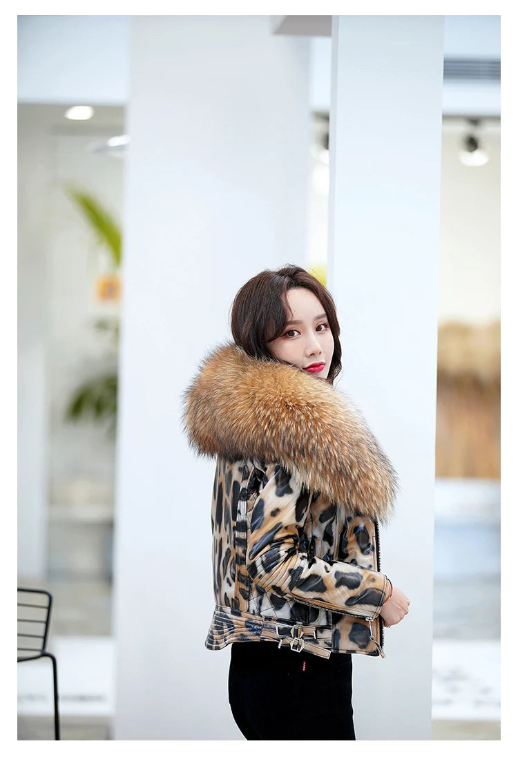 NEW Arrivals S-3XL  Real Raccoon Fur Collar Luxury Winter Women Genuine Leather Short Brand Women Sheepskin Leopard Motorcycle Jacket Big Fur Collar Slim