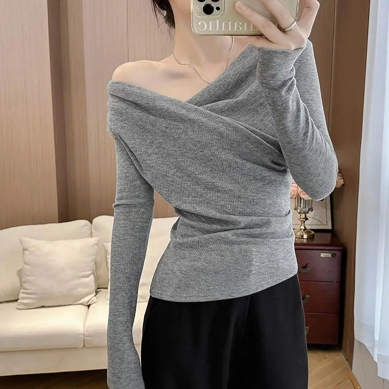 NEW Arrivals S-XL 3 Colors Popular Online Thickened Fleece Long Sleeve Women's Base Shirt Shoulder Bared Oversize Casual Fashion Trend Spring Autumn Ladies Clothes