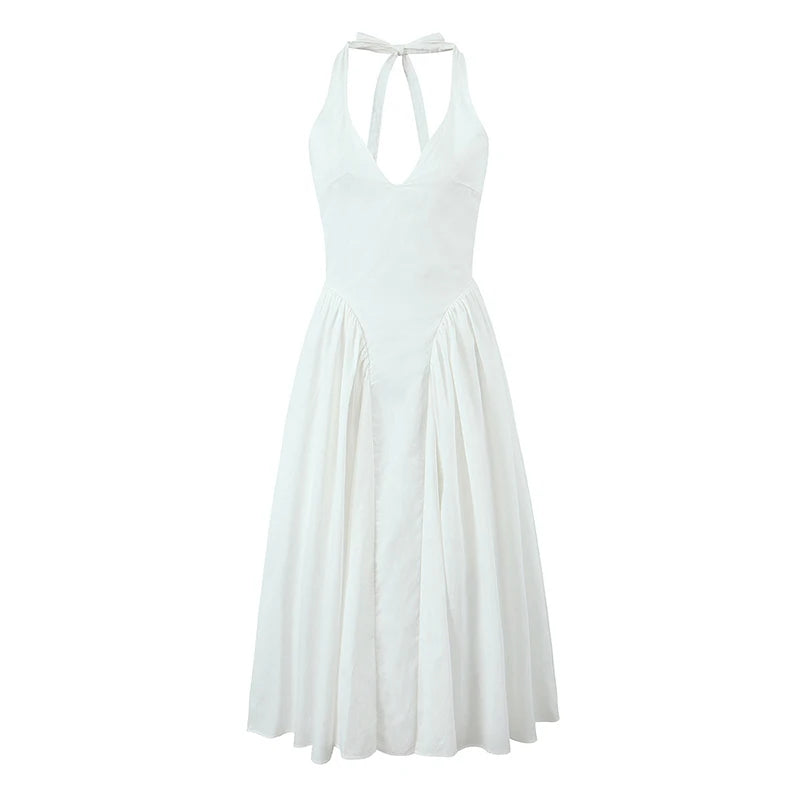 7 Colors  Sexy Backless Elegant Halter Dress For Women Low Waist A-line Midi Summer Evening Party Dresses Cotton Gowns
