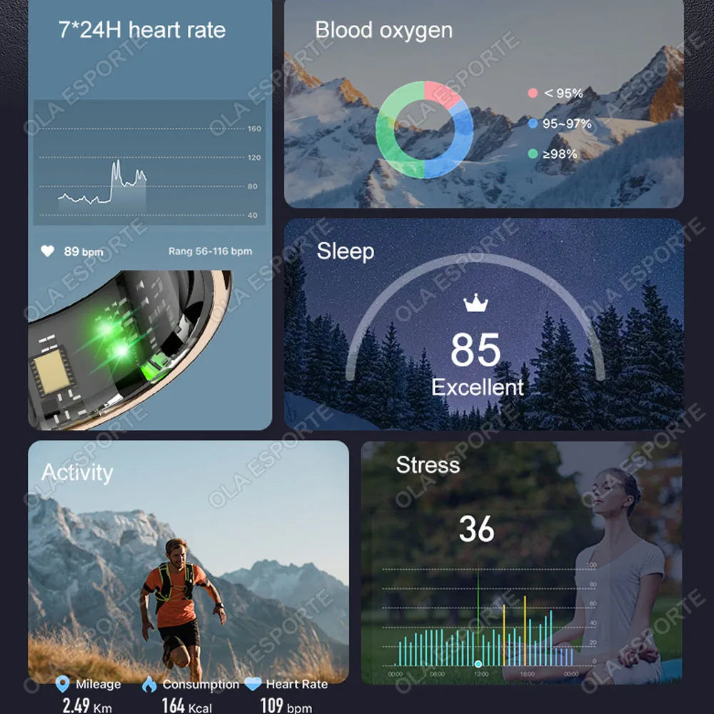 New Women Elderly Men Smart Ring with Wireless Charger Gesture Brush Tik-Tok Display Screen Health Monitoring IP68 5ATM Waterproof Rings Health Care Supplies