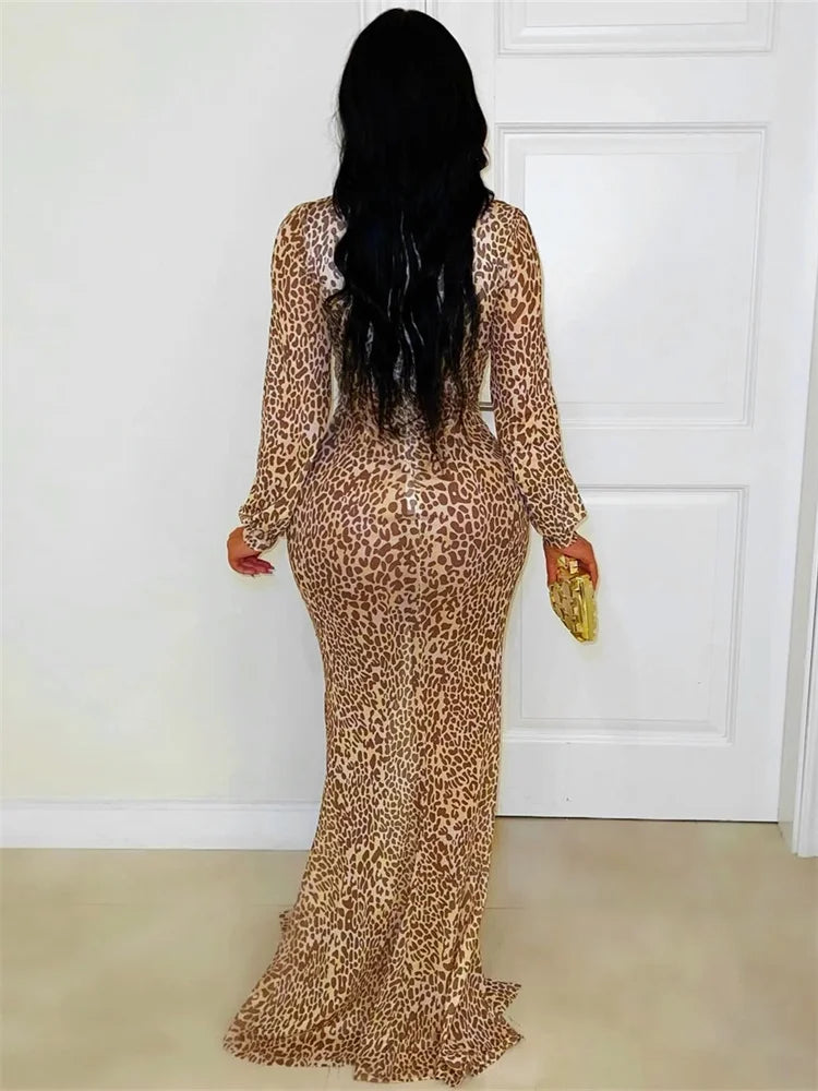 S-2XL UK Plus Size Sexy Street Elegant Leopard Split Dress Women Metal Decoration Deep V-Neck Peach Hip Midnight Club Stretch Skinny Sexy Maxi Bodycon Evening Party Dress